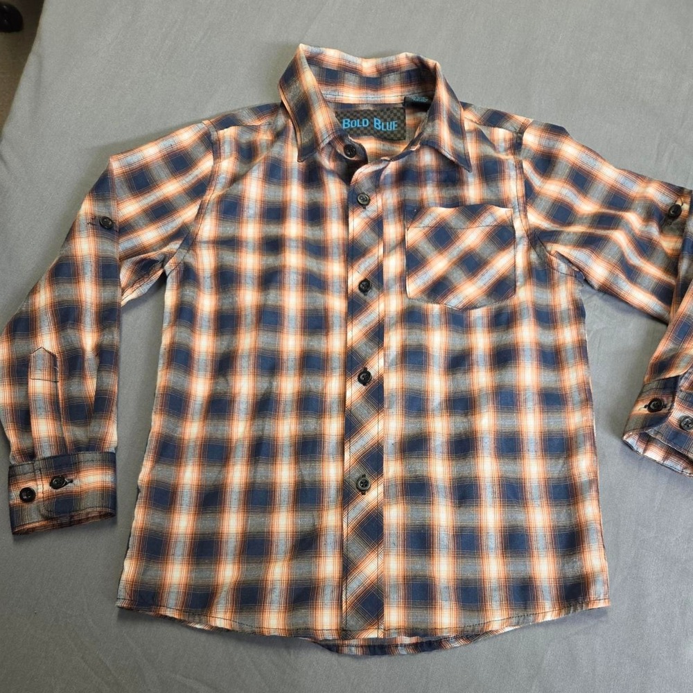 Bold Blue Orange and Blue Plaid Boys Button Up